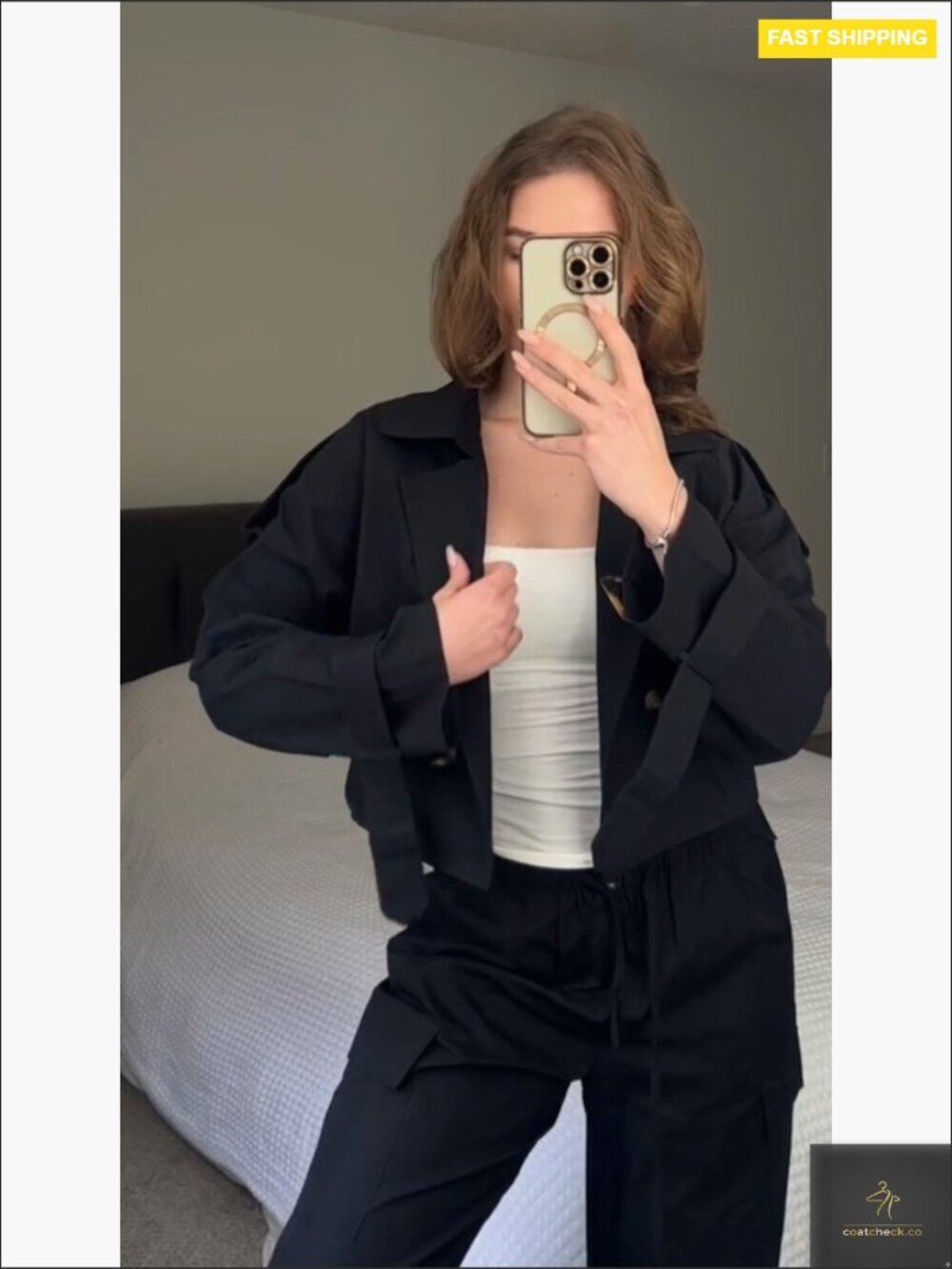 Cropped Trench Coat Y2K Chic Classic Double-Breasted Lapel Casual Outerwear - Picture 7 of 7